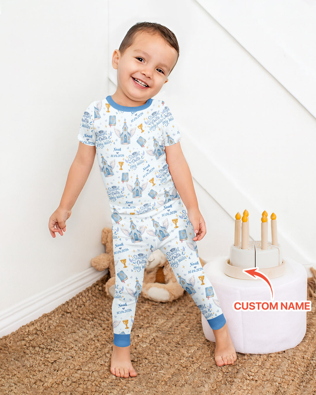 Custom Name Baptism Christening Straight Outta Holy Water Bamboo Two Piece Short Sleeve Pajama Set