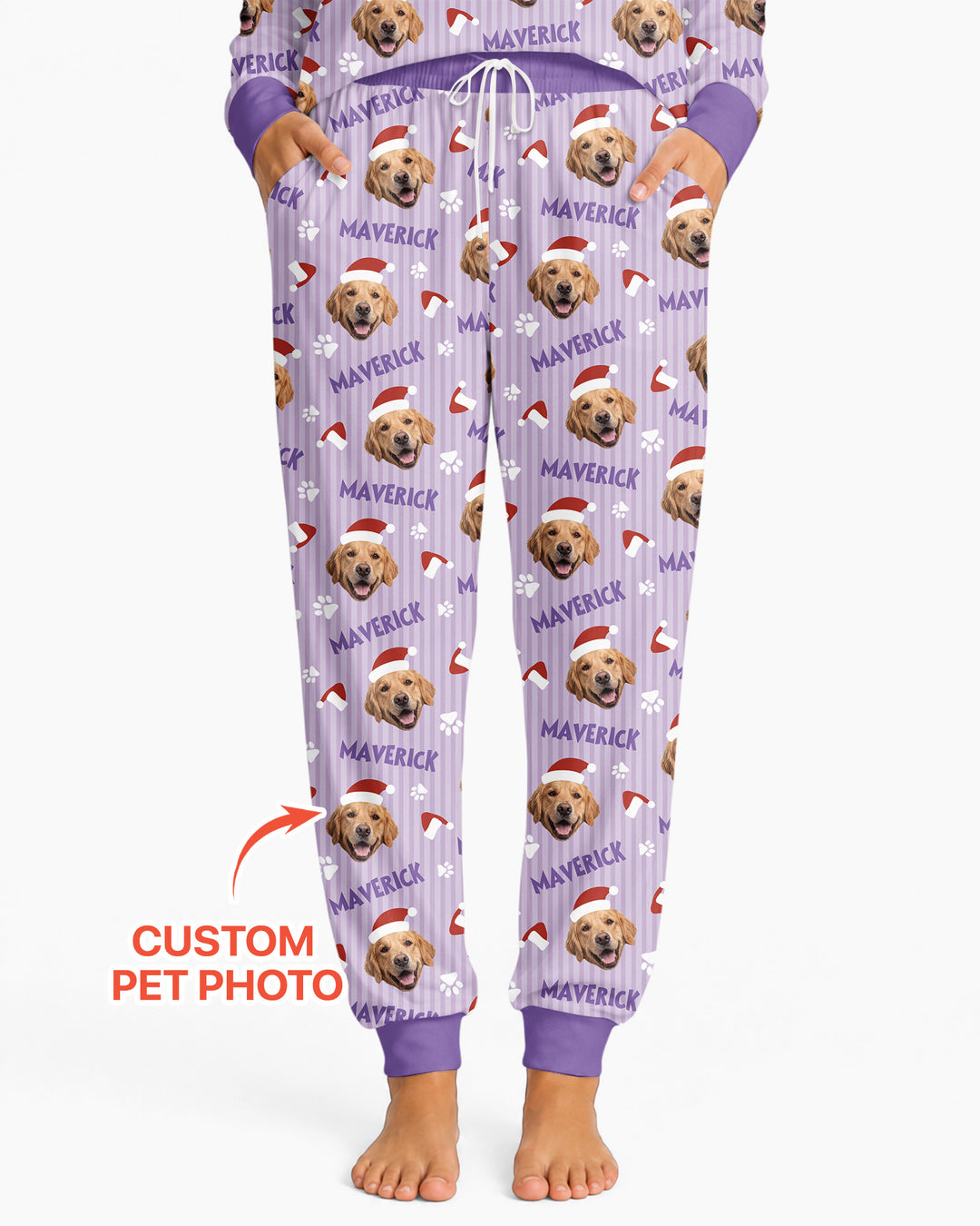 Custom Pet Photo Christmas Paws Stripe Bamboo Women Pajama Set