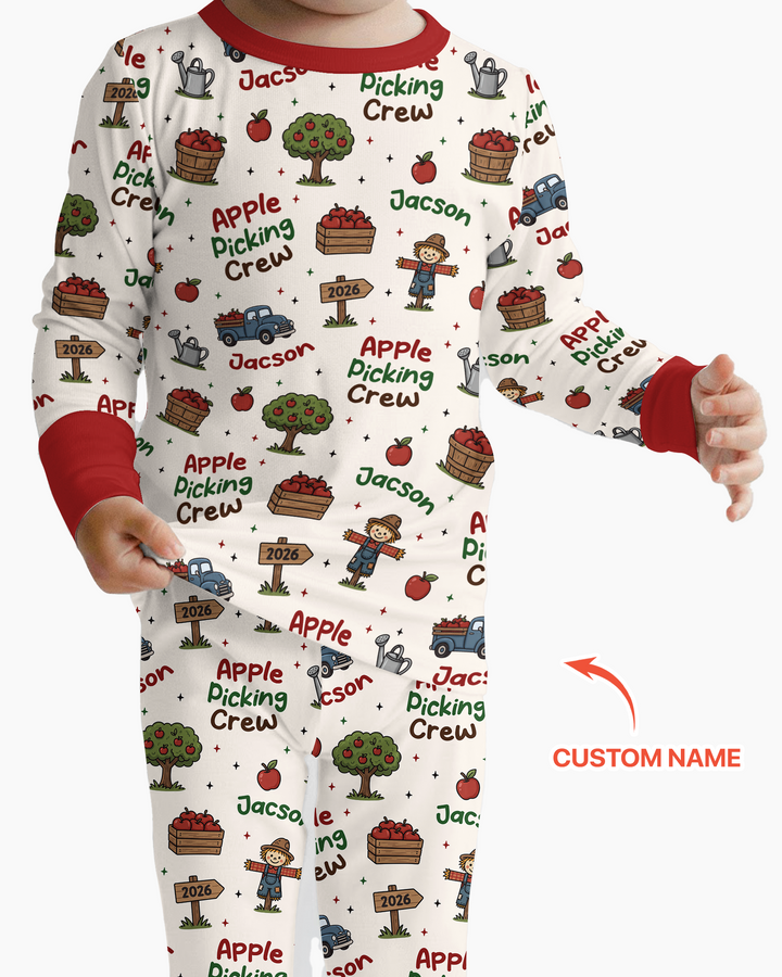 Custom Name Apple Picking Crew Bamboo Two Piece Long Sleeve Pajama Set