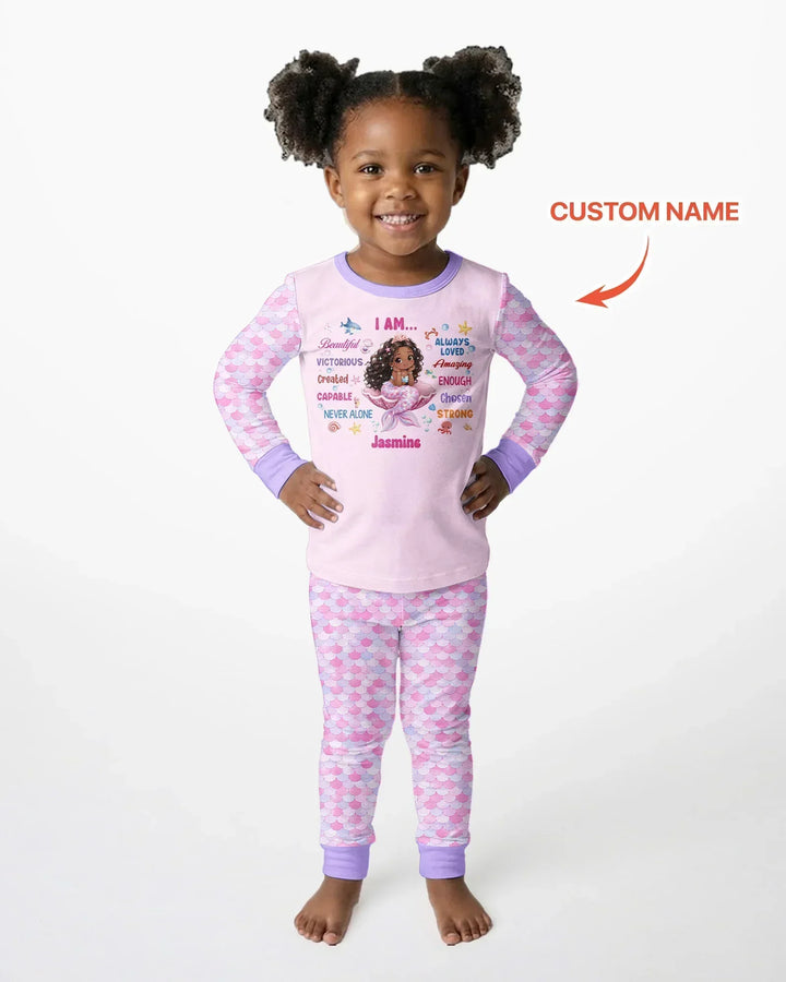 Custom Name Black Mermaid I Am Beautiful Bamboo Two Piece Long Sleeve Pajama Set