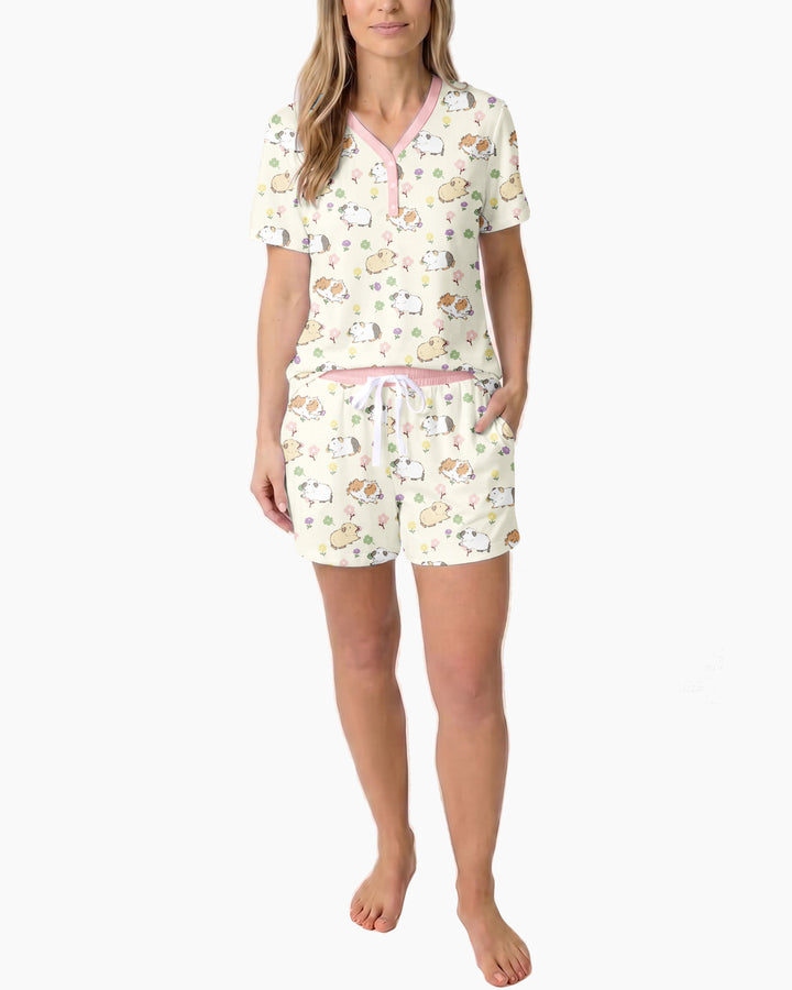 Guinea Pig Garden Bamboo Women Short Sleeve Short Pajama Set