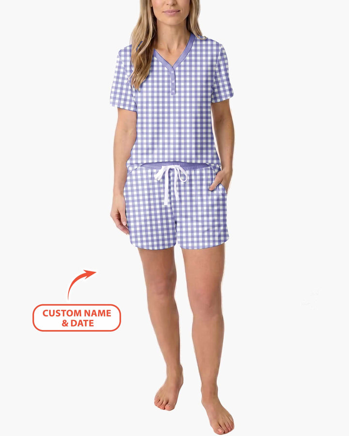 Embroidered Seersucker Bamboo Women Short Sleeve Short Pajama Set