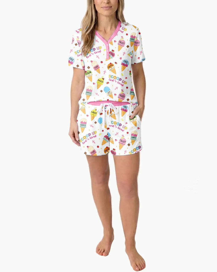 Ice Cream Summer Christian  Bamboo Women Short Sleeve Short Pajama Set