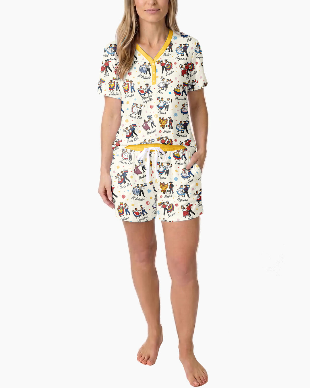 Hispanic Traditional Folkloric Dress Bamboo Women Short Sleeve Short Pajama Set