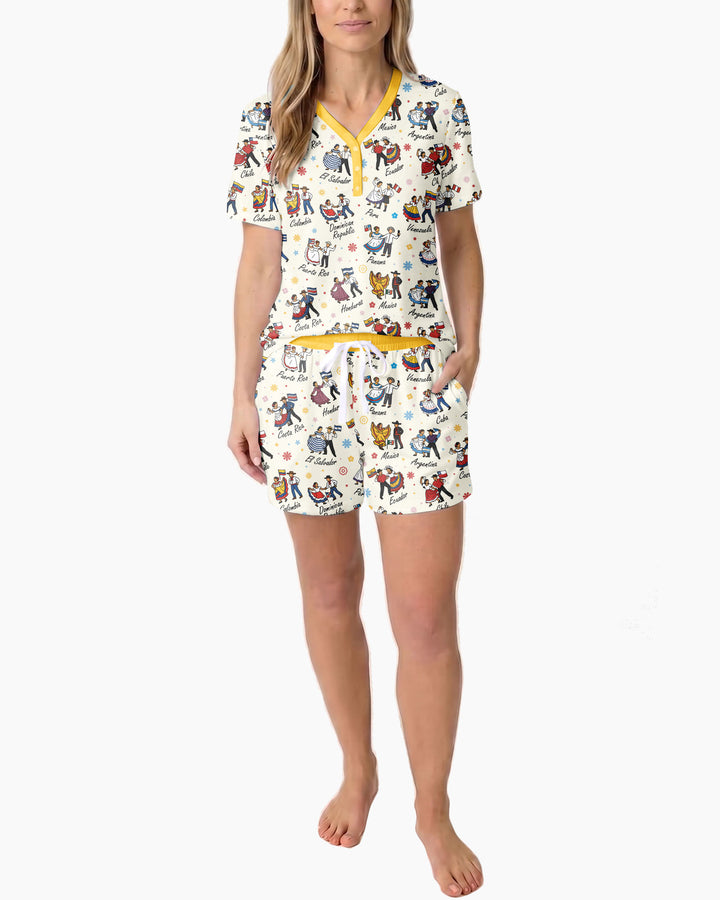Hispanic Traditional Folkloric Dress Bamboo Women Short Sleeve Short Pajama Set