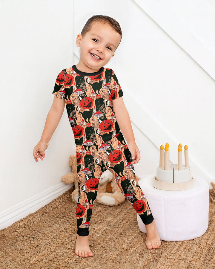 Black Cat And Pumpkin Halloween Bamboo Two Piece Short Sleeve Pajama Set