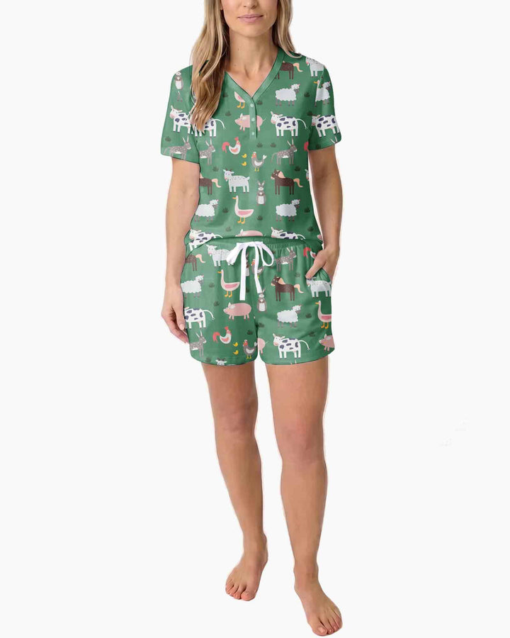 Green farm animals Bamboo Women Short Sleeve Short Pajama Set