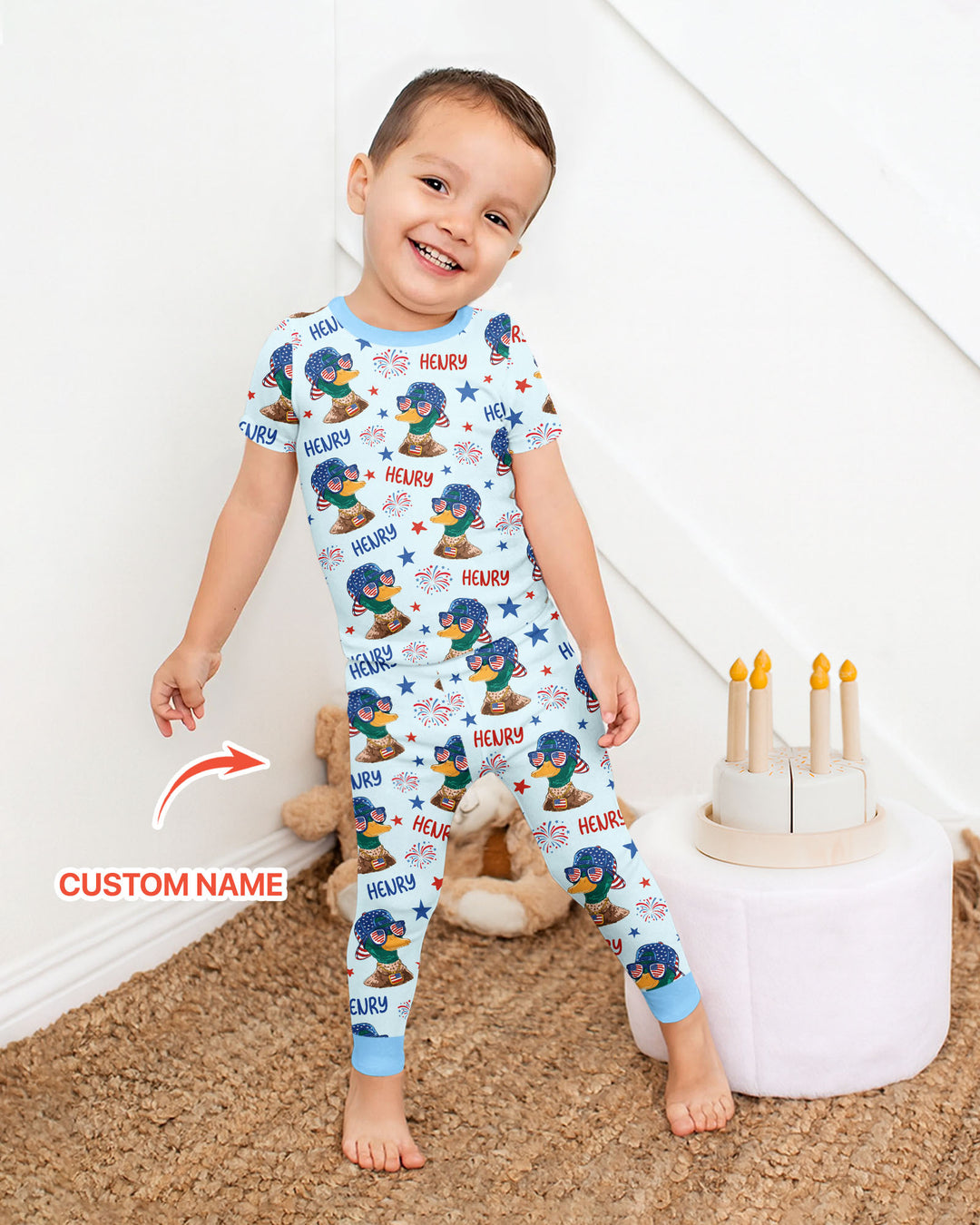 Custom Name Patriotic Mallard Duck Bamboo Two Piece Short Sleeve Pajama Set