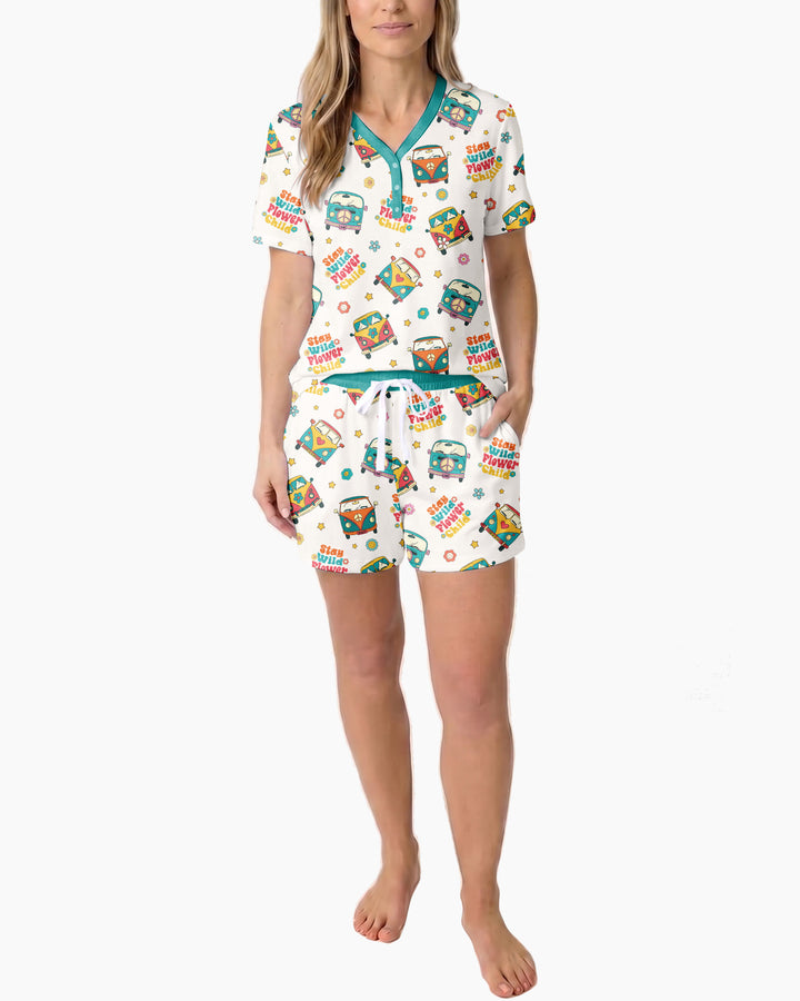 Stay Wild Flower Child Bamboo Women Short Sleeve Short Pajama Set