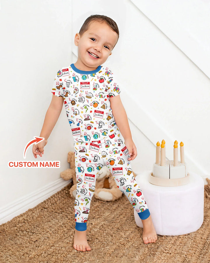 Custom Name Hello School ABCs Bamboo Two Piece Short Sleeve Pajama Set
