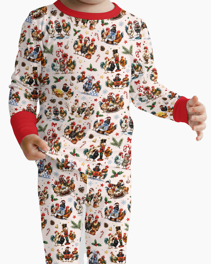 Funny Roosters On Christmas Bamboo Two Piece Long Sleeve Pajama Set