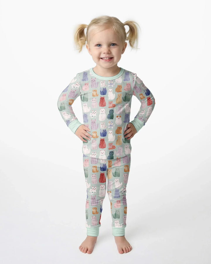 Enchanted Happy Kitty Family Matching Bamboo Two Piece Long Sleeve Pajama Set