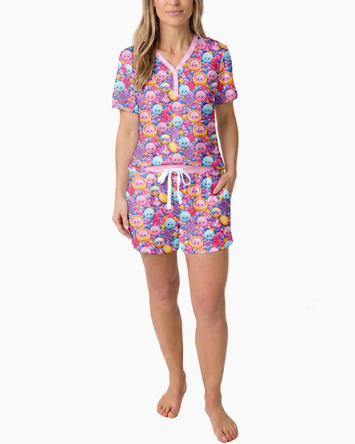 Rainbow Glitter Dumplings Bamboo Women Short Sleeve Short Pajama Set