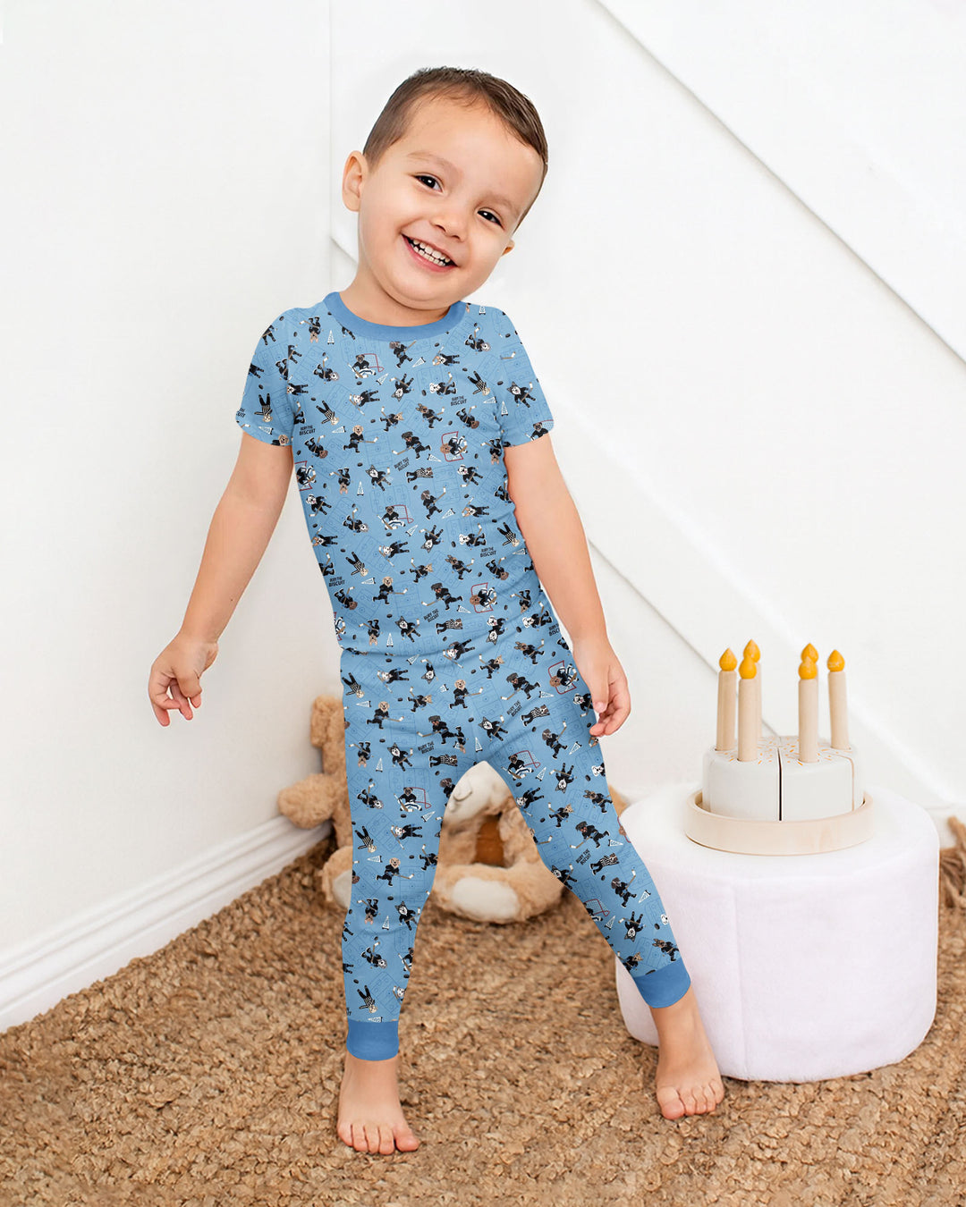 Hockey Dogs - Blue and Black Bamboo Two Piece Short Sleeve Pajama Set