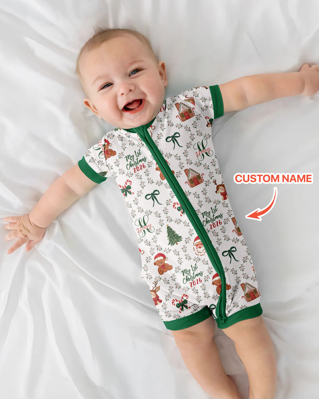 Custom name "Fancy Monogram Green Christmas 2026" Bamboo Shorty Zippy