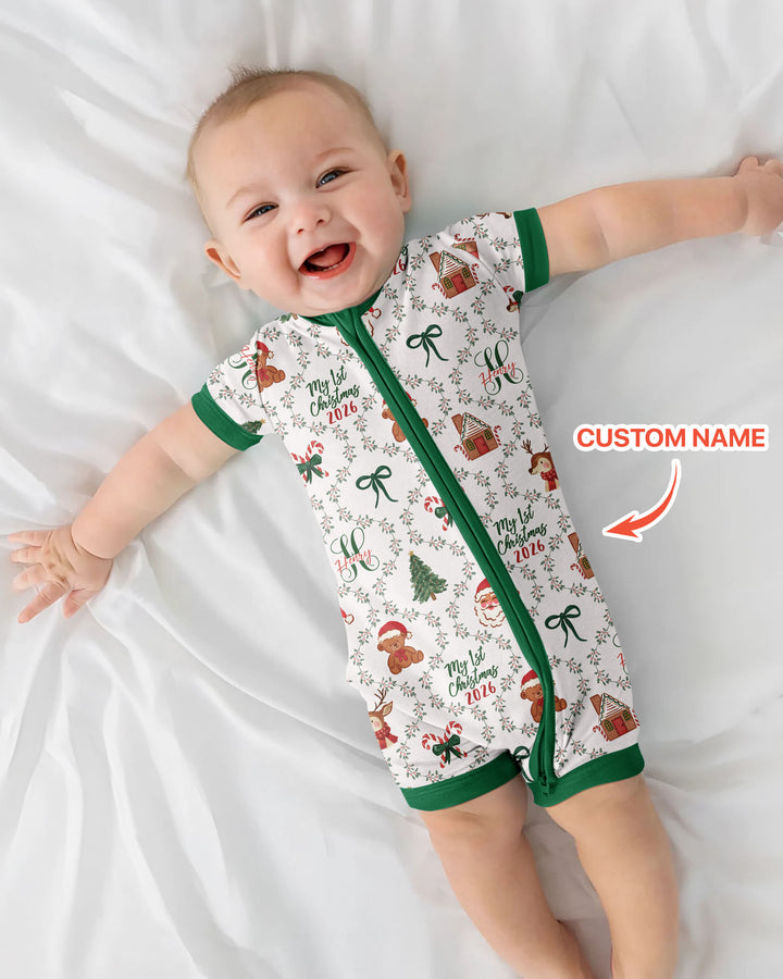 Custom name "Fancy Monogram Green Christmas 2026" Bamboo Shorty Zippy