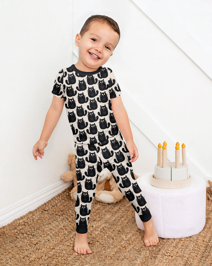 Moody Black Cats in Black and White Bamboo Two Piece Short Sleeve Pajama Set
