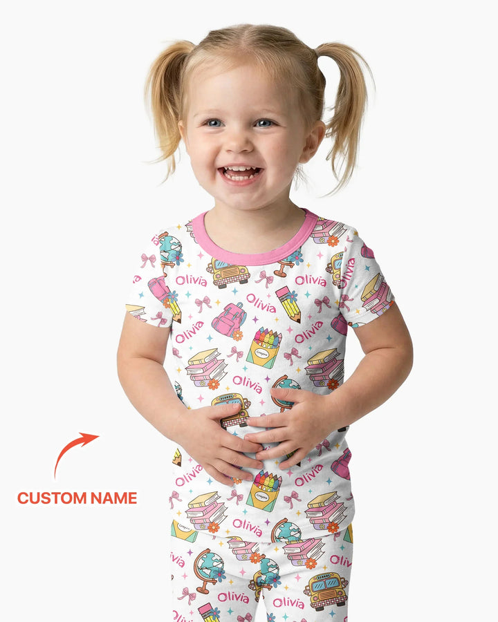 Custom Name Back To School Bamboo Two Piece Short Sleeve Pajama Set
