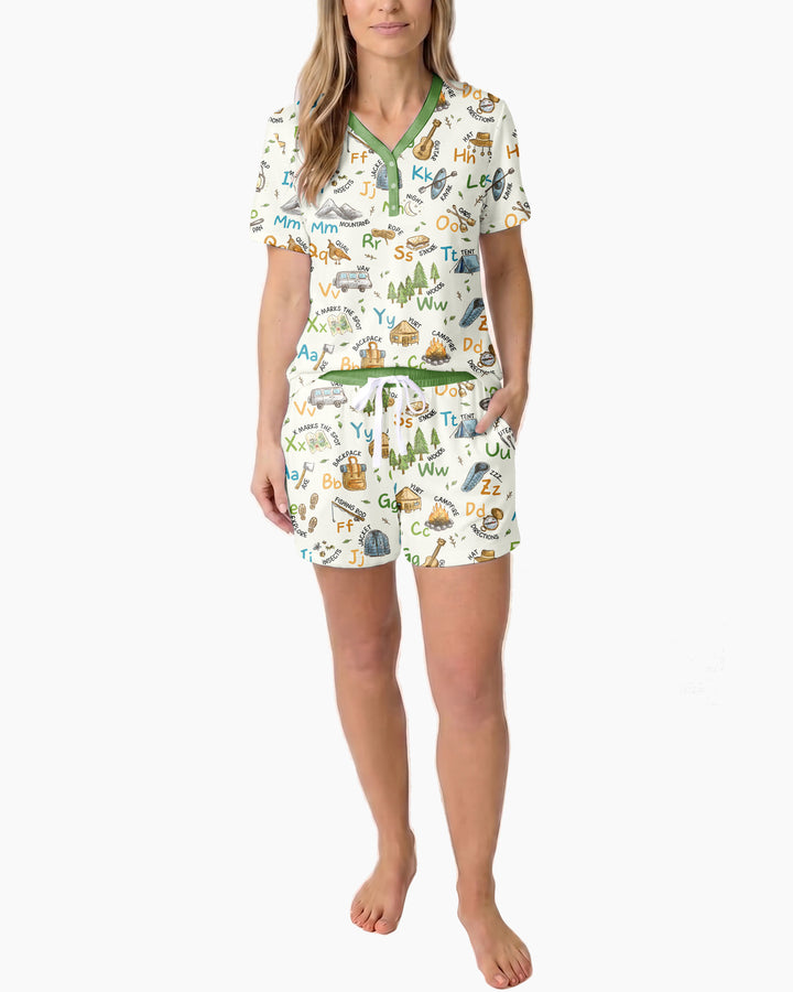 Adventure Alphabet ABCs Summer Camp Bamboo Women Short Sleeve Short Pajama Set