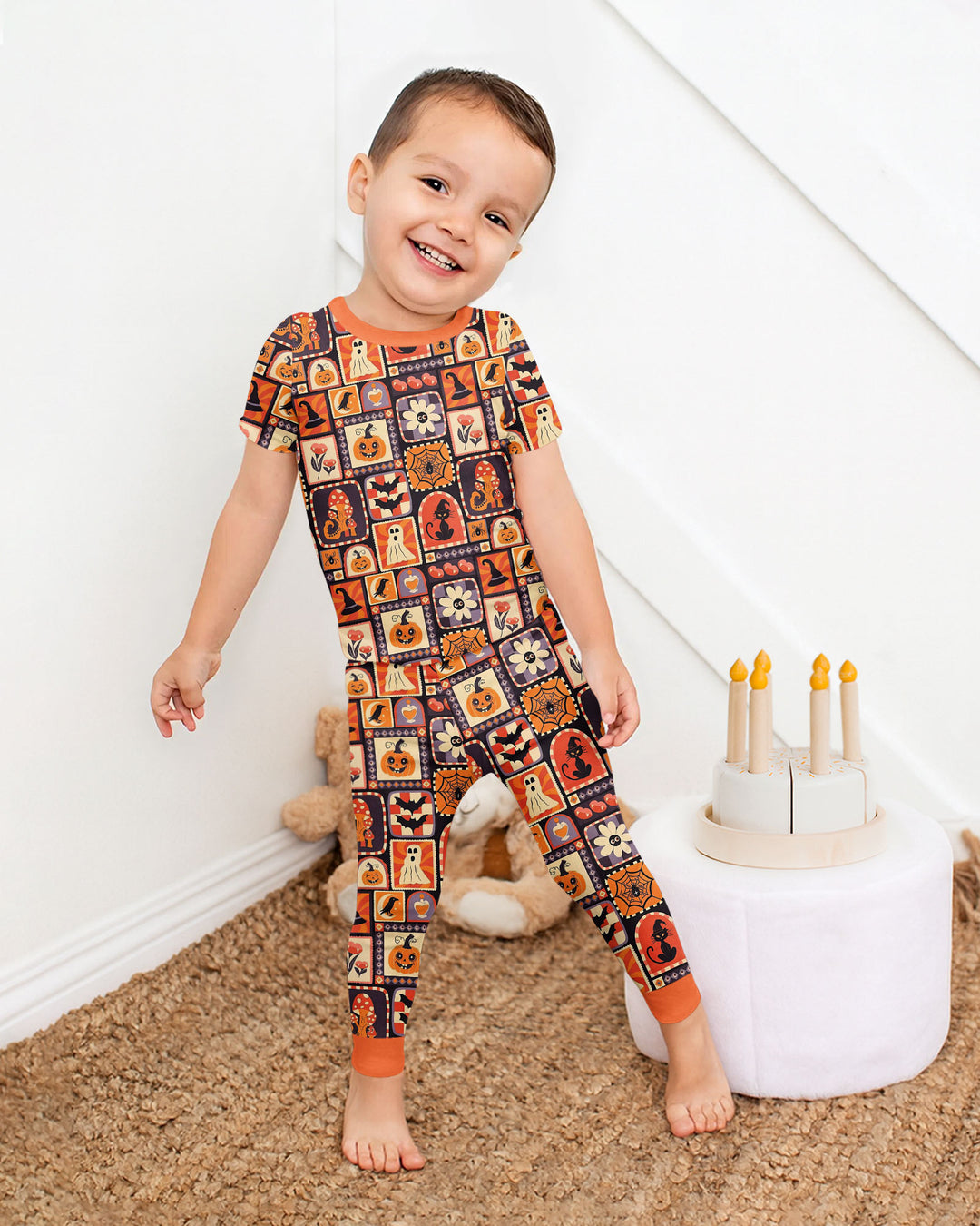 Retro Halloween Patchwork Icons Bamboo Two Piece Short Sleeve Pajama Set
