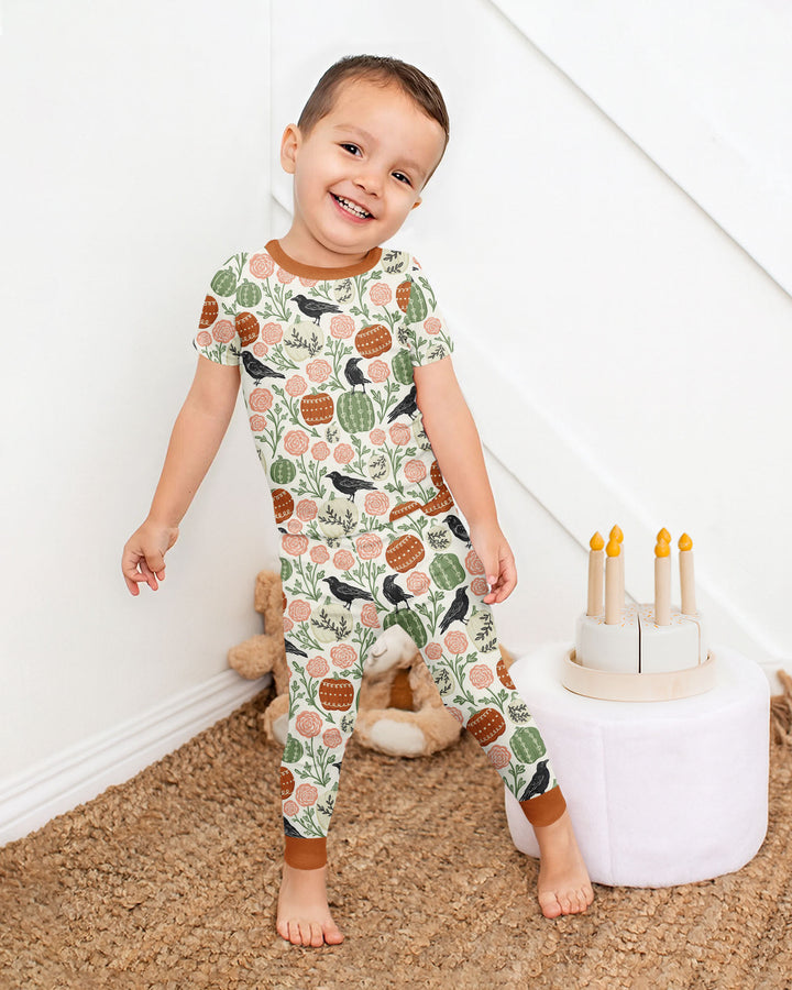 Country Crows with Mums and Pumpkins Bamboo Two Piece Short Sleeve Pajama Set