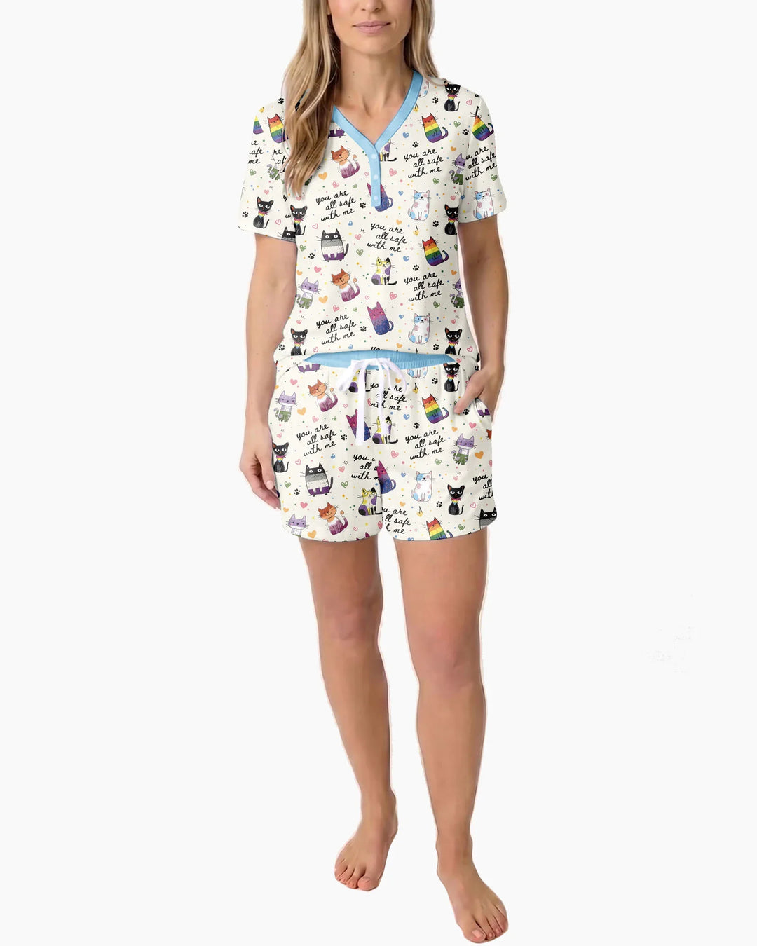 Loved & Safe Kitties Family Matching Bamboo Women Short Sleeve Short Pajama Set