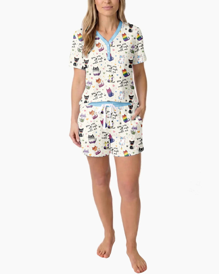 Loved & Safe Kitties Family Matching Bamboo Women Short Sleeve Short Pajama Set