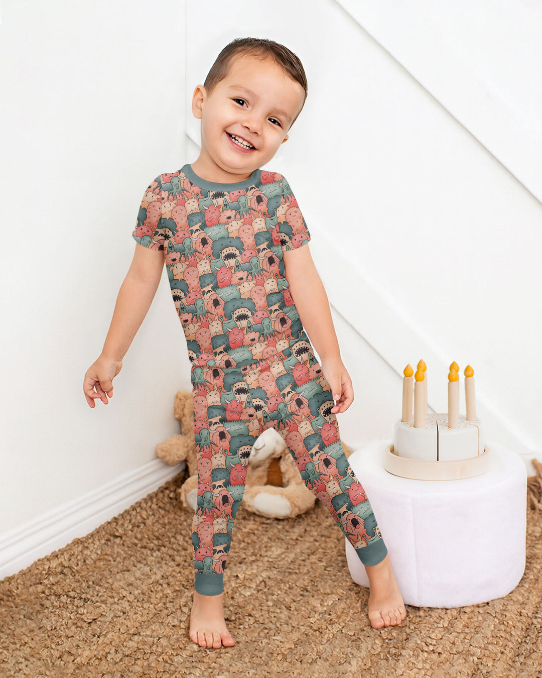 Cute Monster Crowd Bamboo Two Piece Short Sleeve Pajama Set