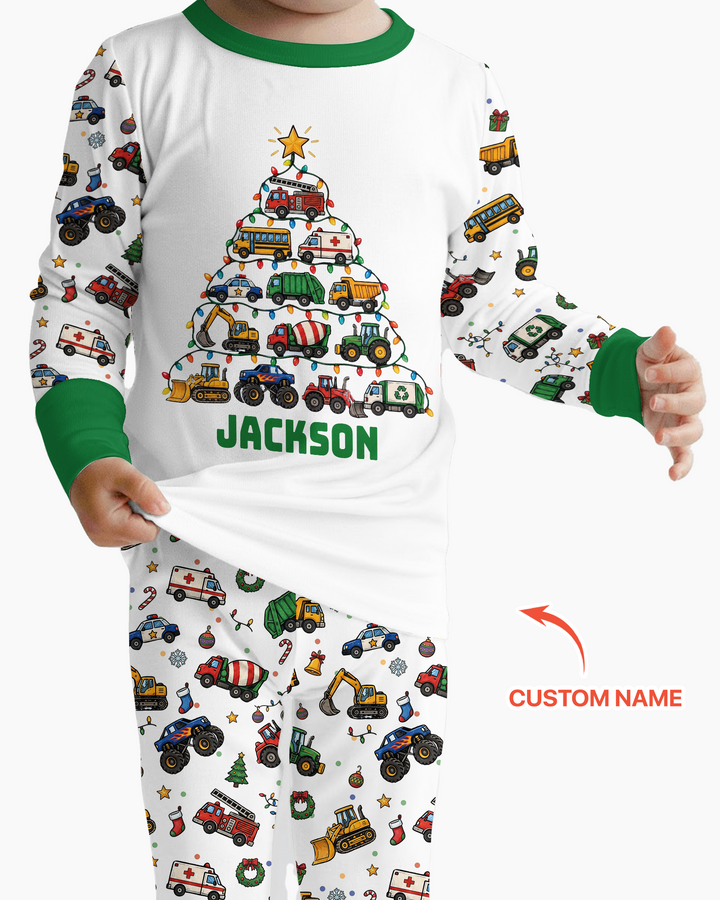 Custom Name Little Trucks Christmas Tree Bamboo Two Piece Long Sleeve Pajama Set