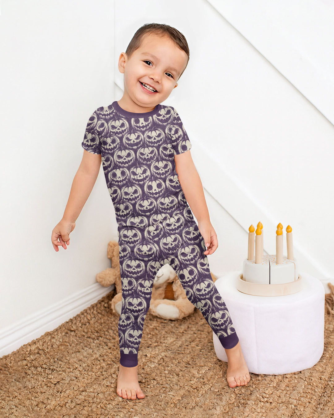 Retro Halloween Jack-O-Lantern Spooky Faces Bamboo Two Piece Short Sleeve Pajama Set