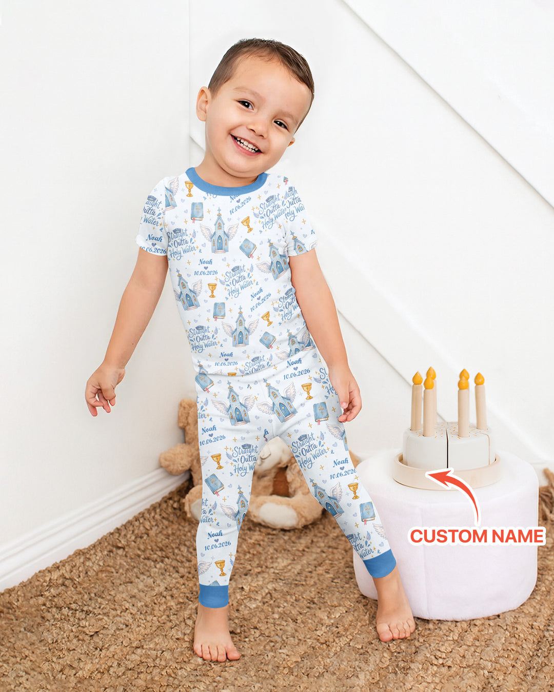 Custom Name Baptism Christening Straight Outta Holy Water Bamboo Two Piece Short Sleeve Pajama Set