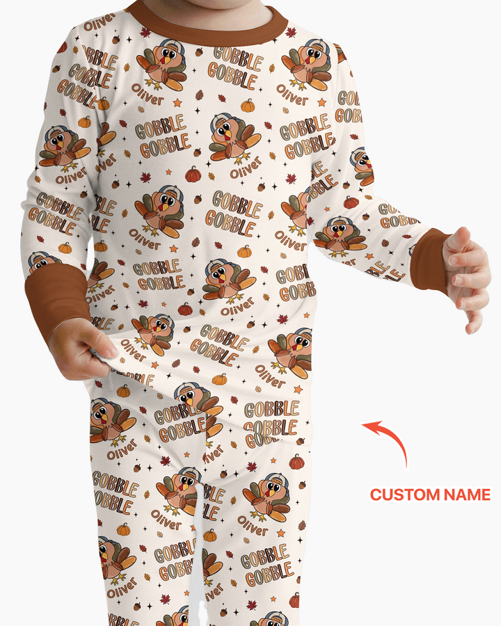 Custom Name Gobble Gobble Bamboo Two Piece Long Sleeve Pajama Set