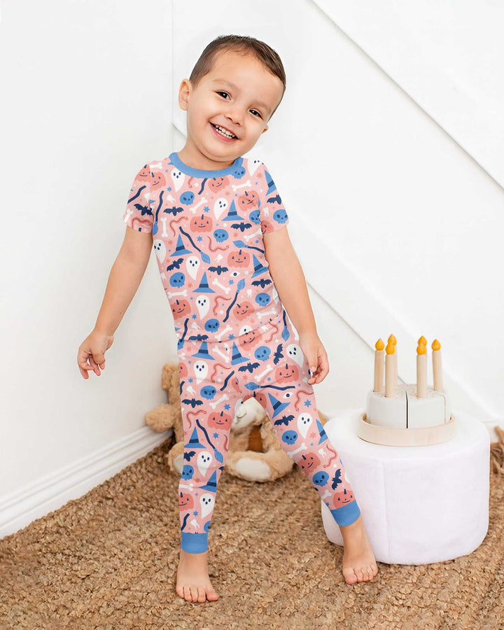 Pastel Pumpkins Skulls And Witch Craft Bamboo Two Piece Short Sleeve Pajama Set