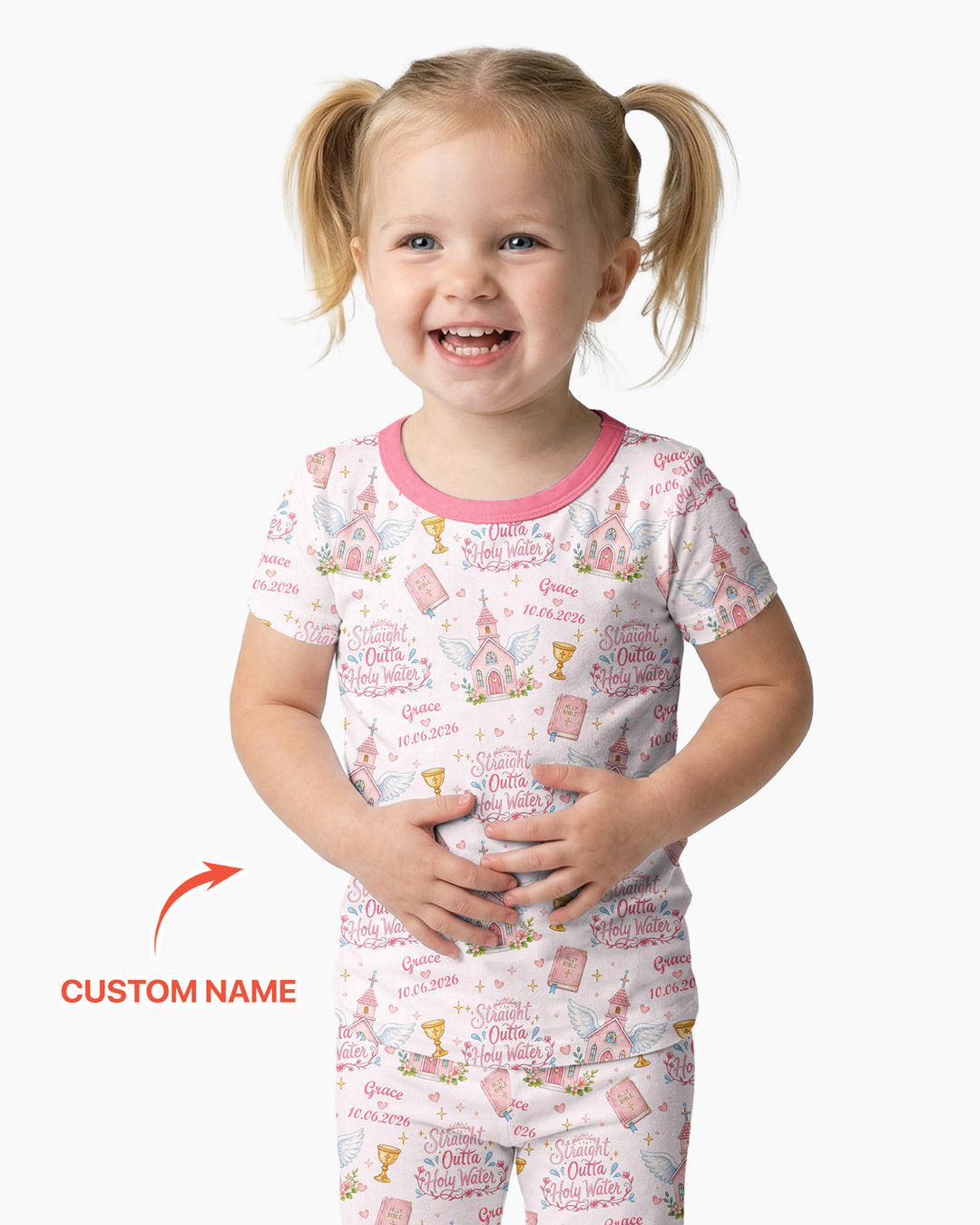 Custom Name Baptism Christening Straight Outta Holy Water Bamboo Two Piece Short Sleeve Pajama Set