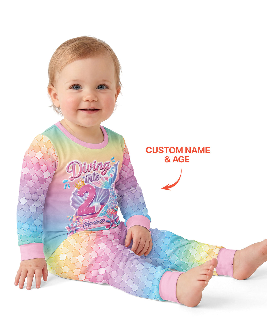 Mermaid Birthday Custom Name & Age Bamboo Two Piece Long Sleeve Pajama Set
