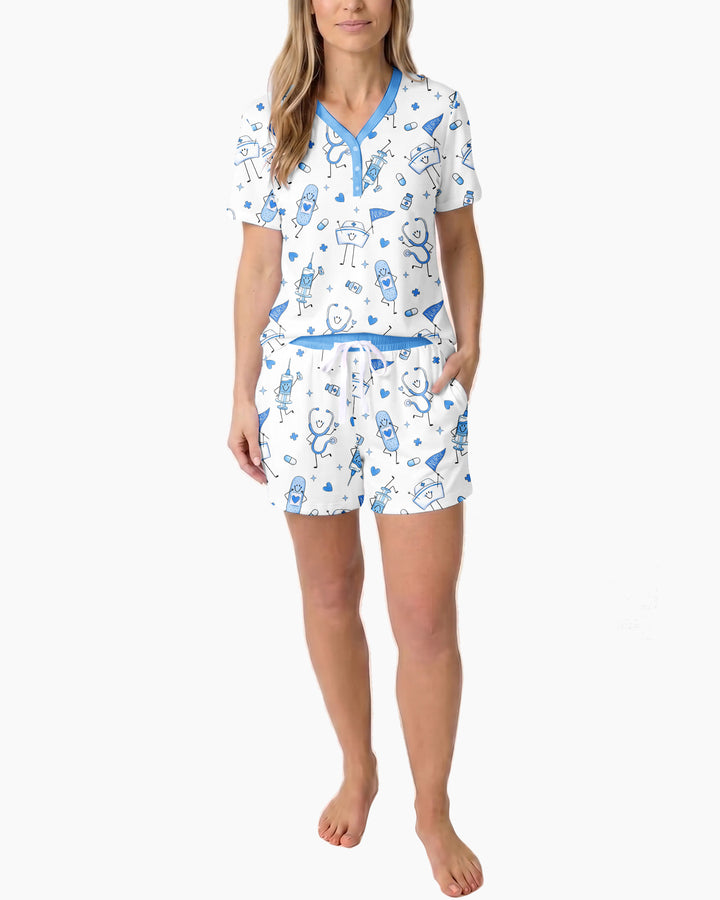 Cute Nurse Crew Bamboo Women Short Sleeve Short Pajama Set