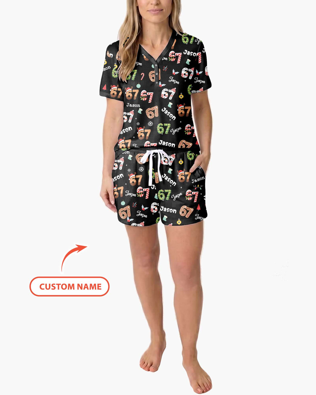 Custom '6 7' Six Seven Christmas Slang Meme Bamboo Women Short Sleeve Short Pajama Set