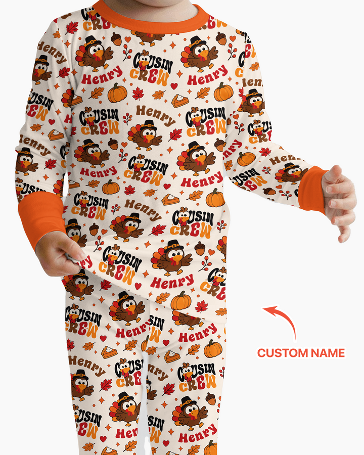 Personalized Cousin Crew Thanksgiving Bamboo Two Piece Long Sleeve Pajama Set