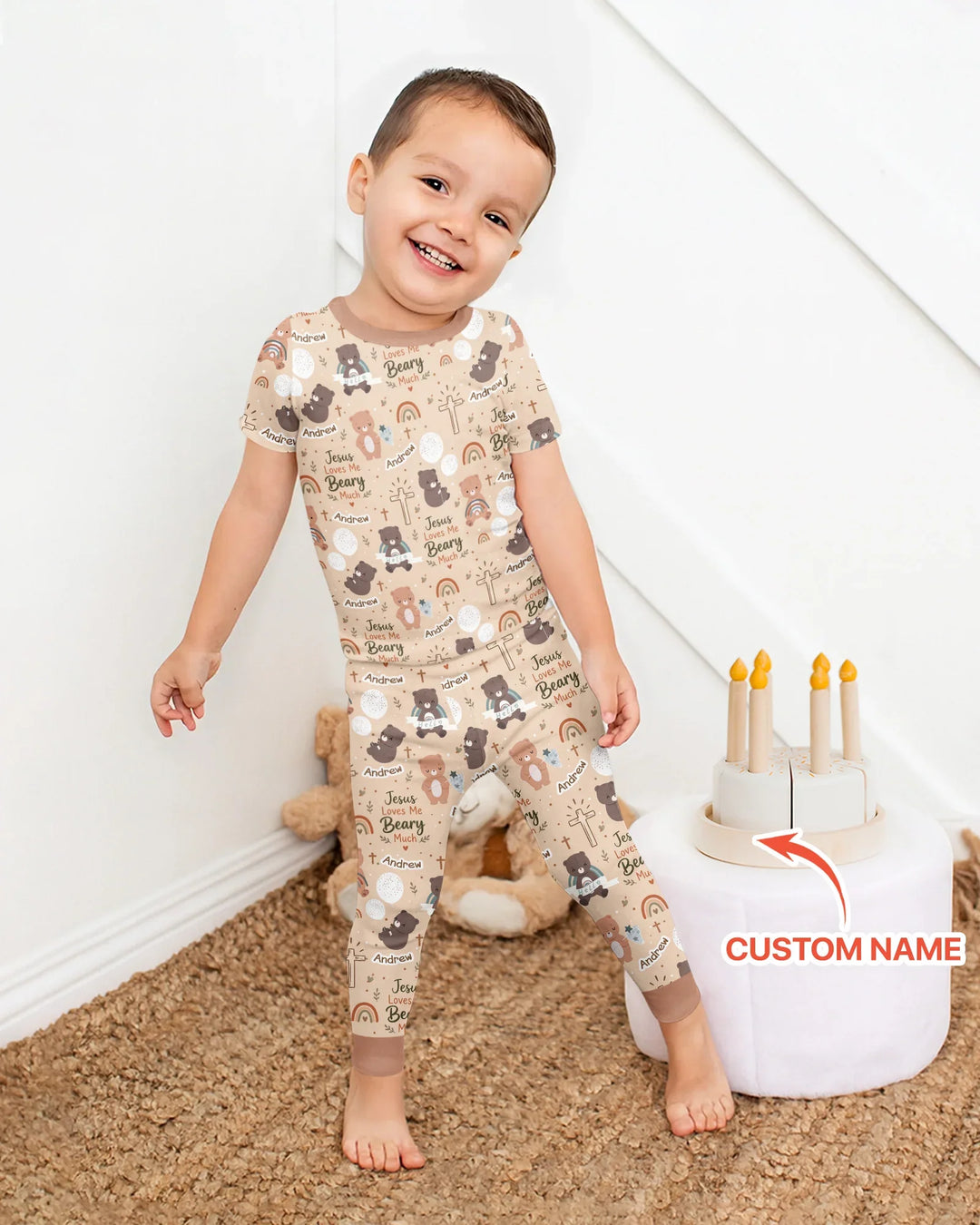 Custom Name Jesus Loves Me Beary Much Bamboo Two Piece Short Sleeve Pajama Set