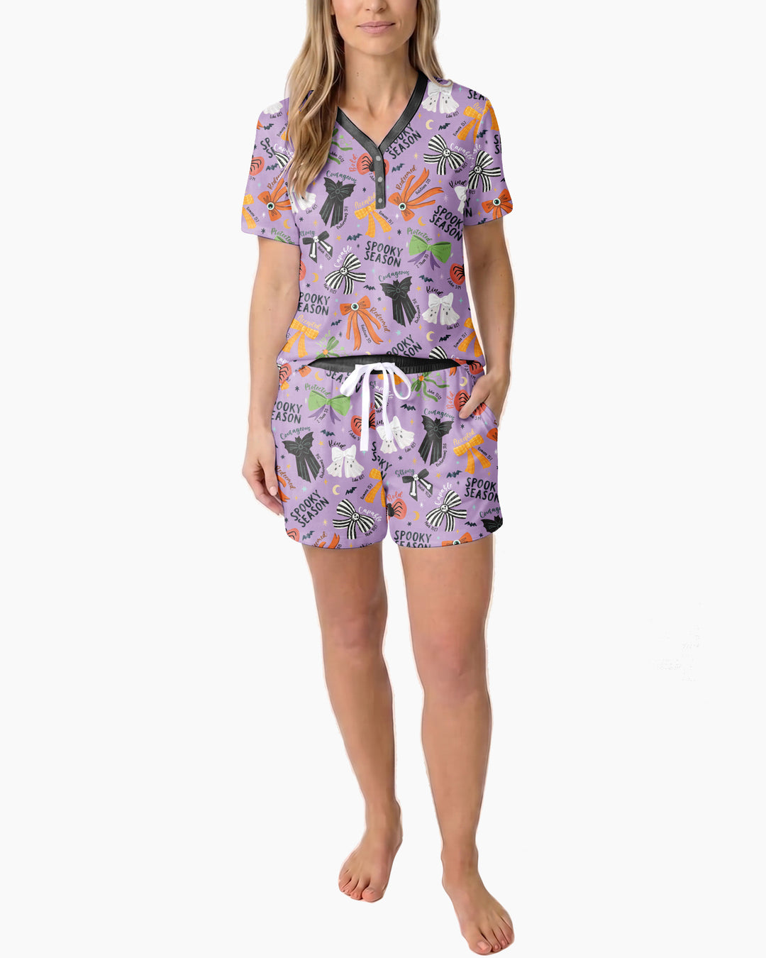Spooky Bows Spooky Season Bamboo Women Short Sleeve Short Pajama Set