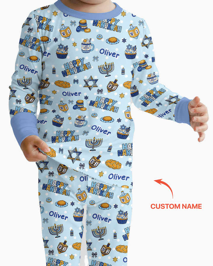 Custom Name Jewish Holiday Bamboo Two Piece Long Sleeve Pajama Set