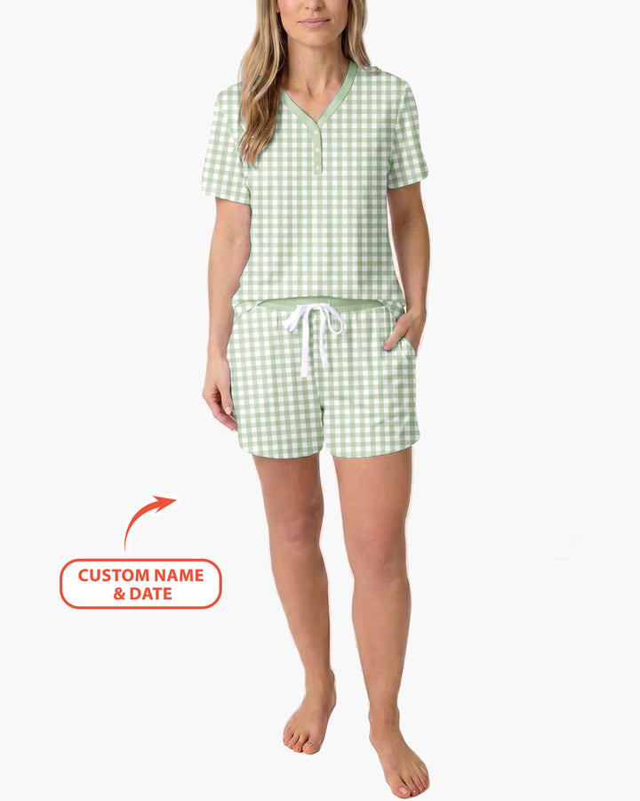 Embroidered Seersucker Bamboo Women Short Sleeve Short Pajama Set