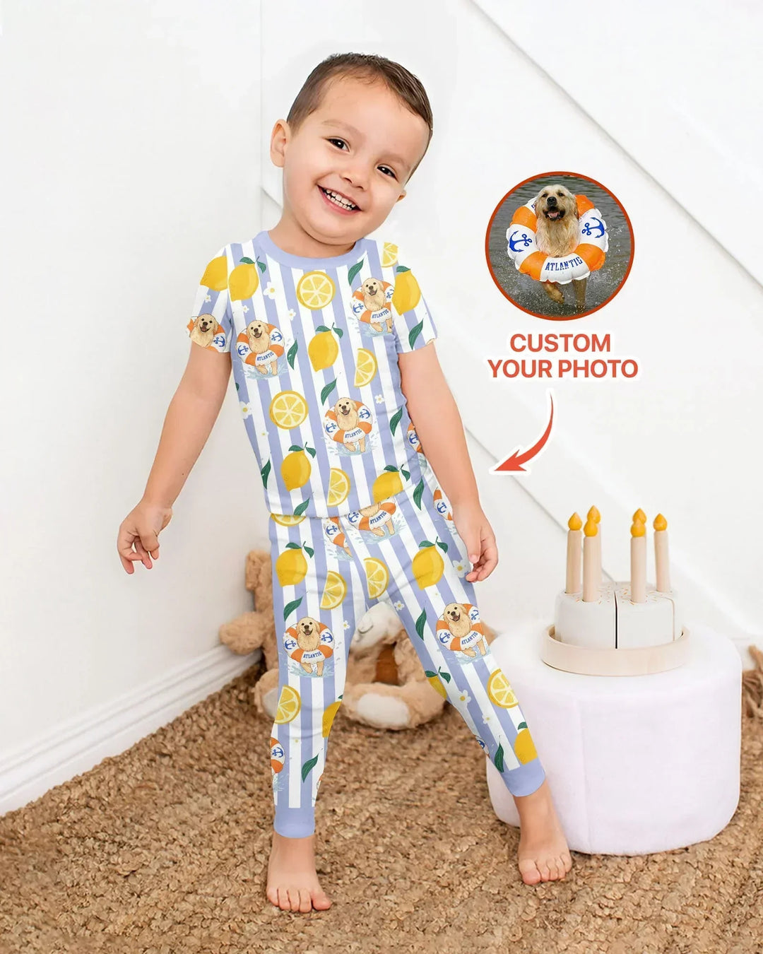 Custom Image Summer Lemon Bamboo Two Piece Short Sleeve Pajama Set