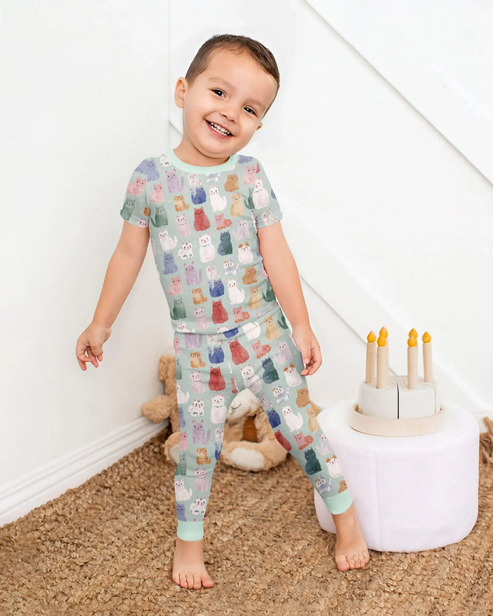 Enchanted Happy Kitty Family Matching Bamboo Two Piece Short Sleeve Pajama Set