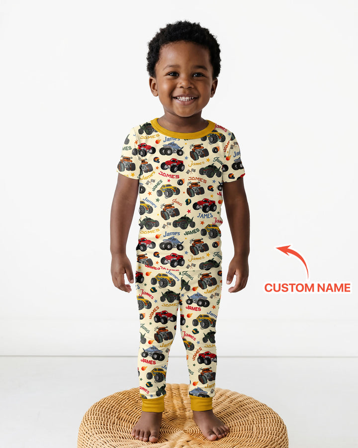 Personalized Monster Truck Bamboo Two Piece Short Sleeve Pajama Set