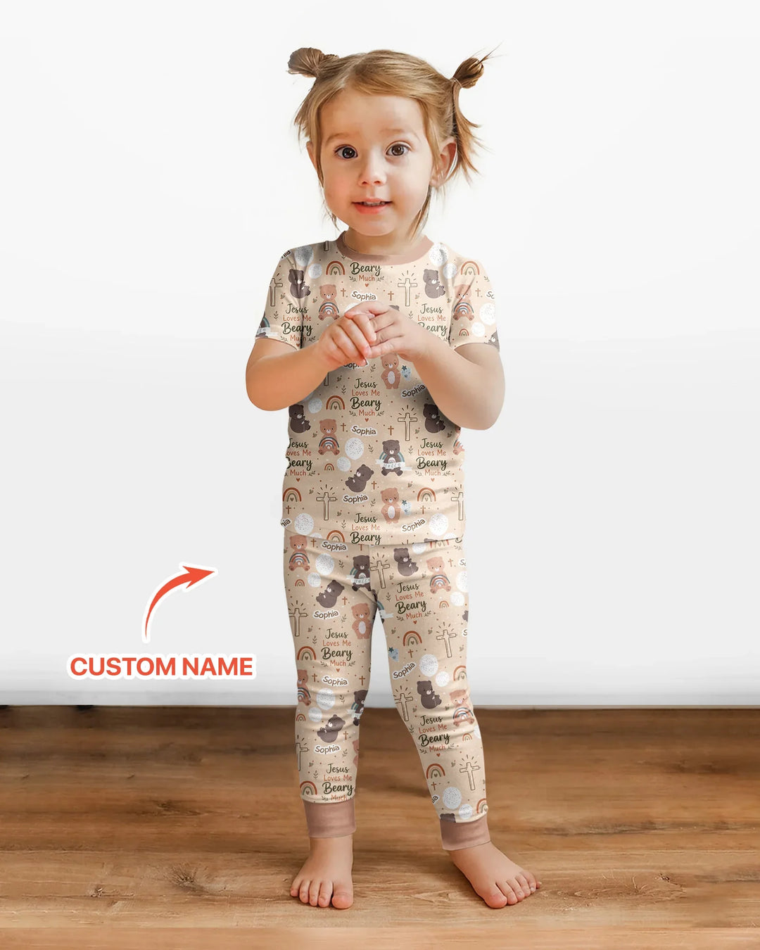 Custom Name Jesus Loves Me Beary Much Bamboo Two Piece Short Sleeve Pajama Set