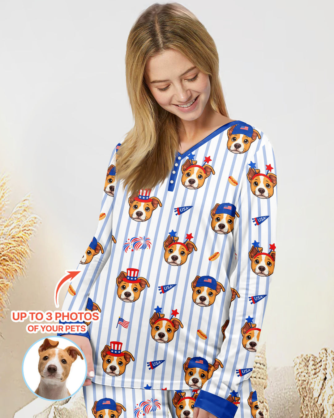 Custom Pet Image 4th of July Family Matching Bamboo Women Pajama Set