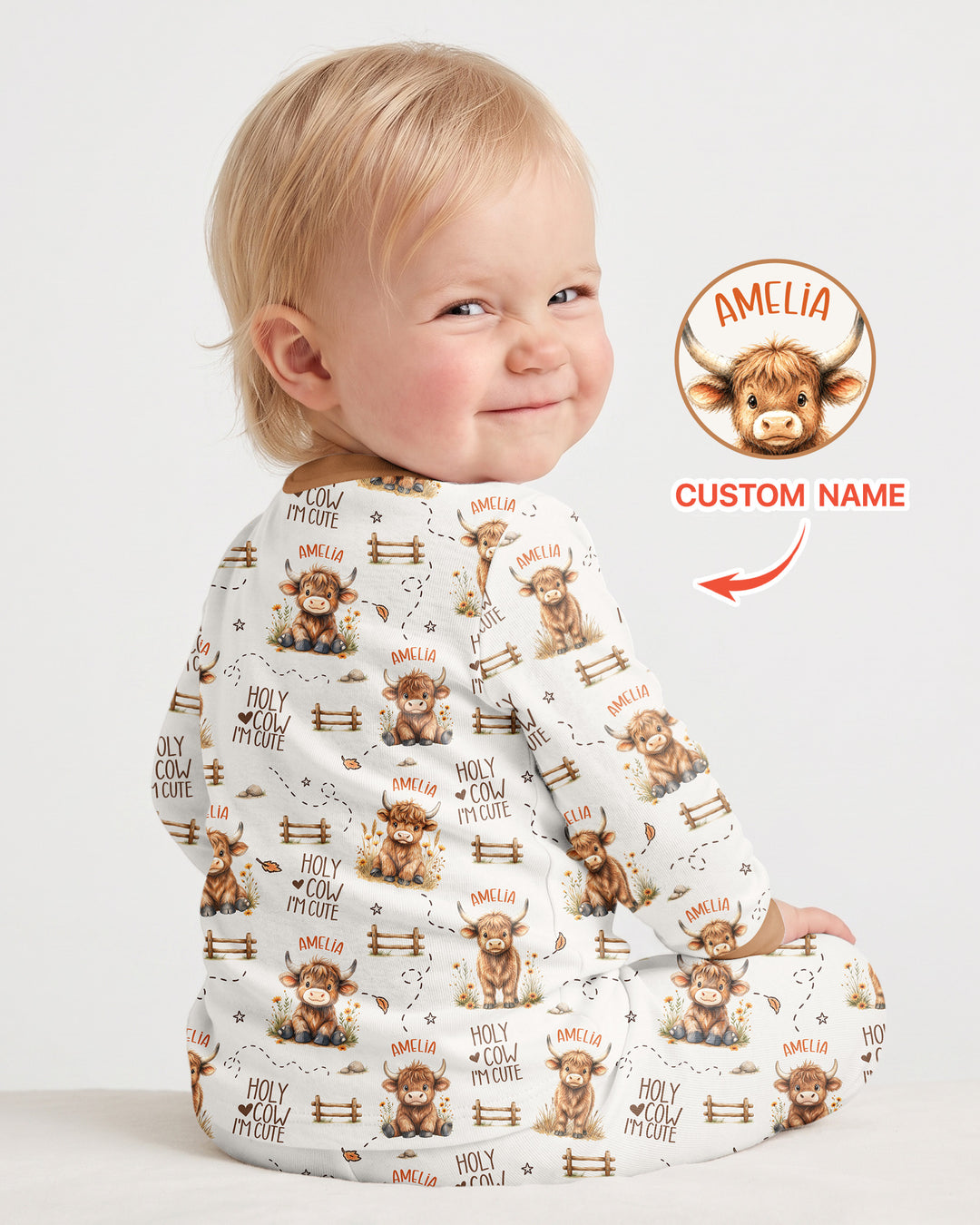 Holy Cow I'm Cute Personalized Bamboo Two Piece Long Sleeve Pajama Set