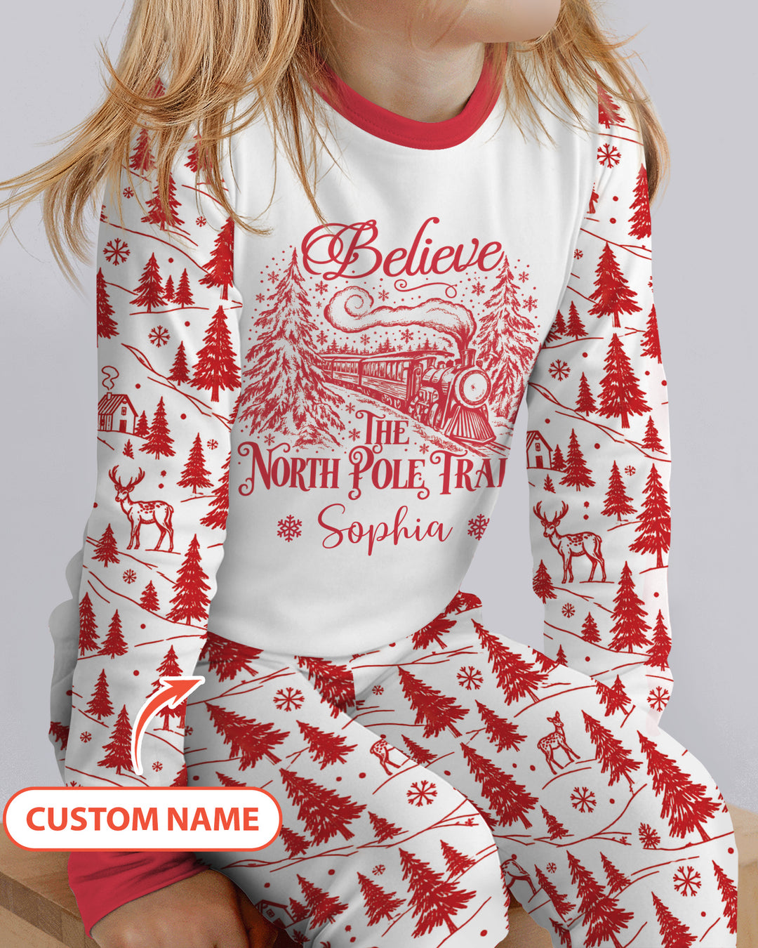 Custom Name North Pole Train Bamboo Two Piece Long Sleeve Pajama Set