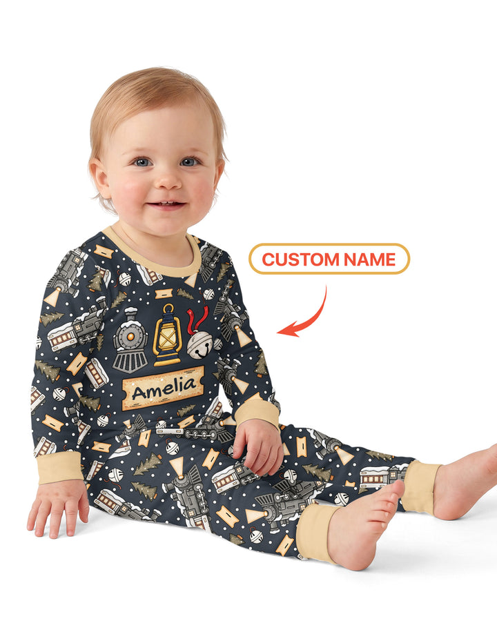 Custom Name Believe Kid Train Bamboo Two Piece Long Sleeve Pajama Set